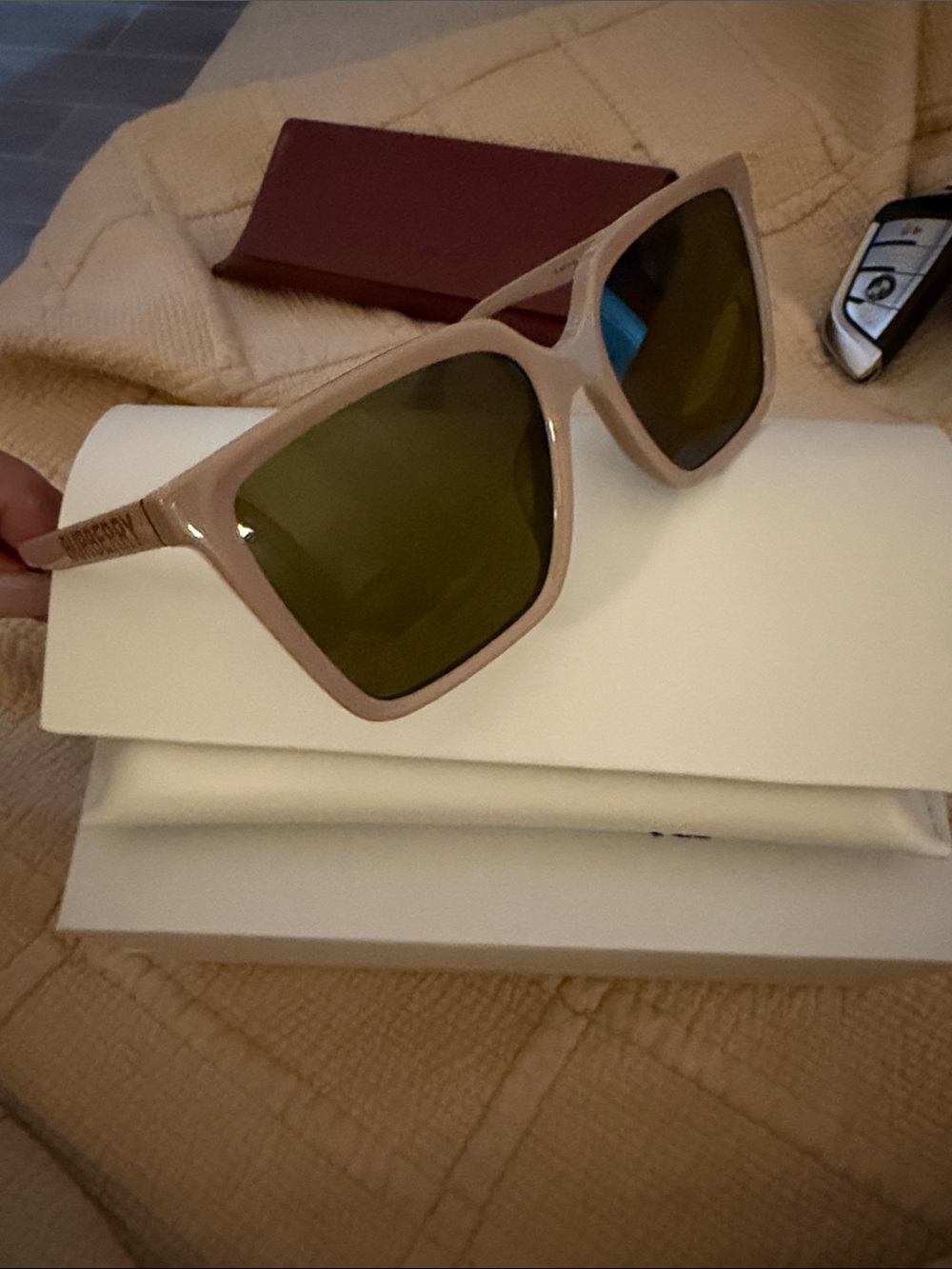 Burberry Beige Square Sunglasses with Olive Green Lenses